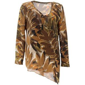 NWT SUSAN GRAVER PRINTED FEATHER WEAVE TUNIC ASYMMETRICAL HEM‎ OLIVE 4